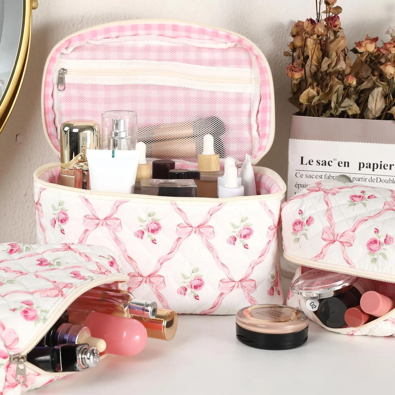 Makeup Bag for Women, Wide-open Easy to Take, Convenient to Carry, Toiletry Cosmetic Skincare, Quilted Travel Pouch Case, Purse Organizer set of 3