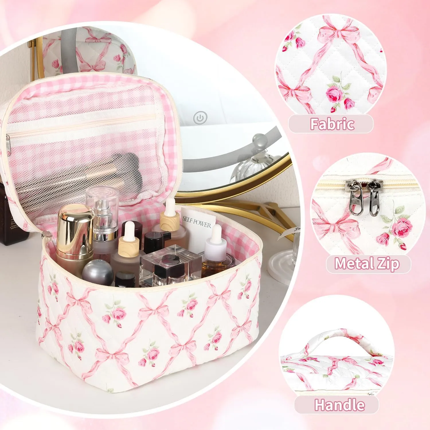 Makeup Bag for Women, Wide-open Easy to Take, Convenient to Carry, Toiletry Cosmetic Skincare, Quilted Travel Pouch Case, Purse Organizer set of 3