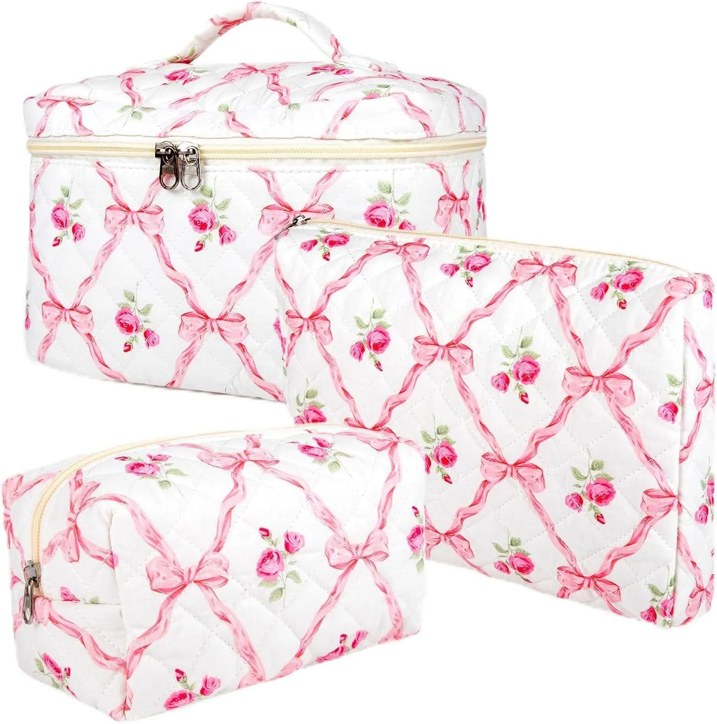 Makeup Bag for Women, Wide-open Easy to Take, Convenient to Carry, Toiletry Cosmetic Skincare, Quilted Travel Pouch Case, Purse Organizer set of 3