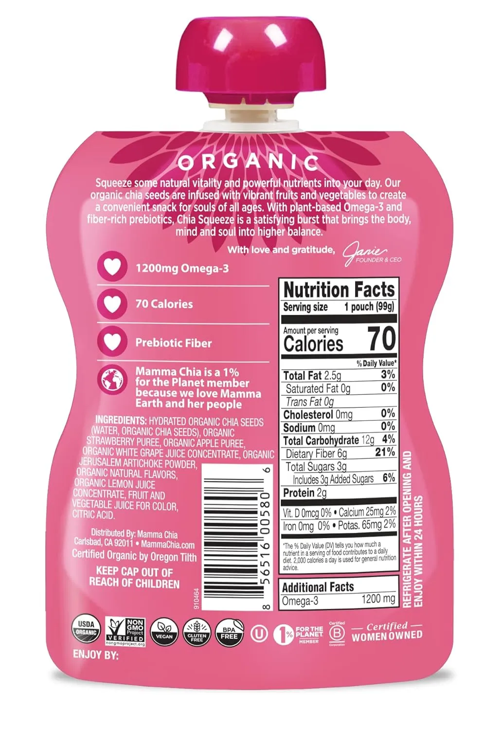 Mamma Chia Organic Prebiotic Squeeze Snack, Strawberry Lemonade, 16- 3.5 Ounce , Fiber-Rich Prebiotic Gut Support, USDA Organic, Non-GMO, Vegan, Gluten Free (Pack of 16)