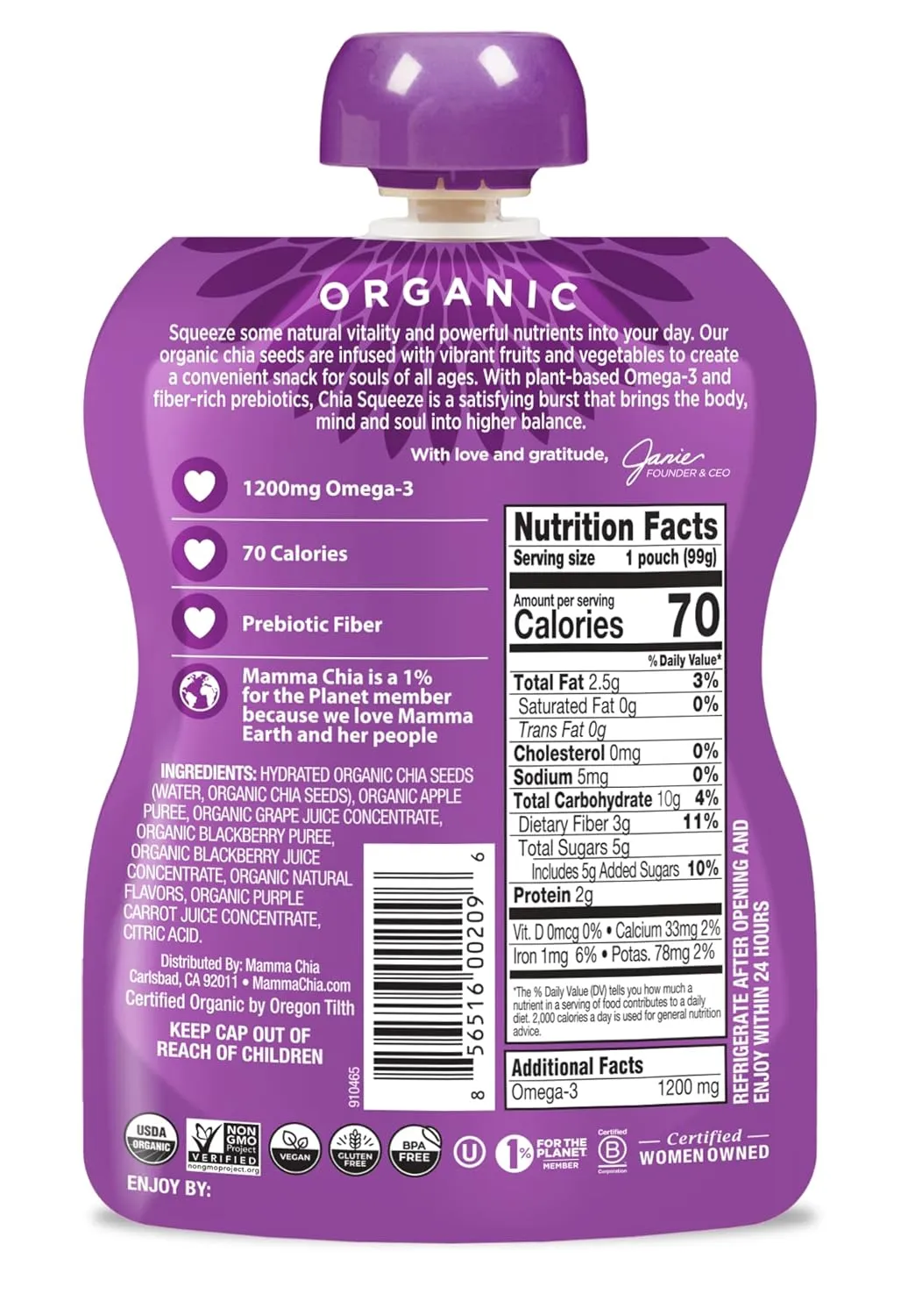 Mamma Chia Organic Vitality Squeeze Snack, Blackberry Bliss, 3.5 Ounce (Pack of 24) Chia Pouches. USDA Organic, Non-GMO, Vegan, Gluten Free, and Kosher. Fruit and Vegetables with only 70 Calories