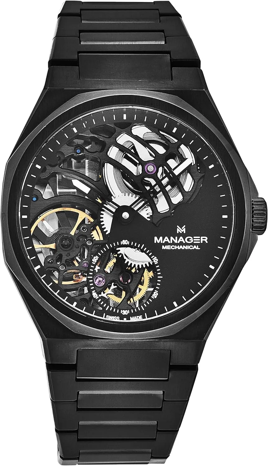 Manager Men's 'Revolution' Black Dial Black Stainless Steel Bracelet Hand Winding Watch MAN-RM-09-NM