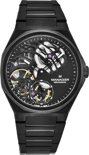 Manager Men's 'Revolution' Black Dial Black Stainless Steel Bracelet Hand Winding Watch MAN-RM-09-NM