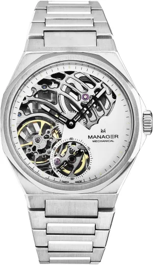 Manager Men's 'Revolution' White Dial Stainless Steel Bracelet Hand Winding Watch MAN-RM-04-SM