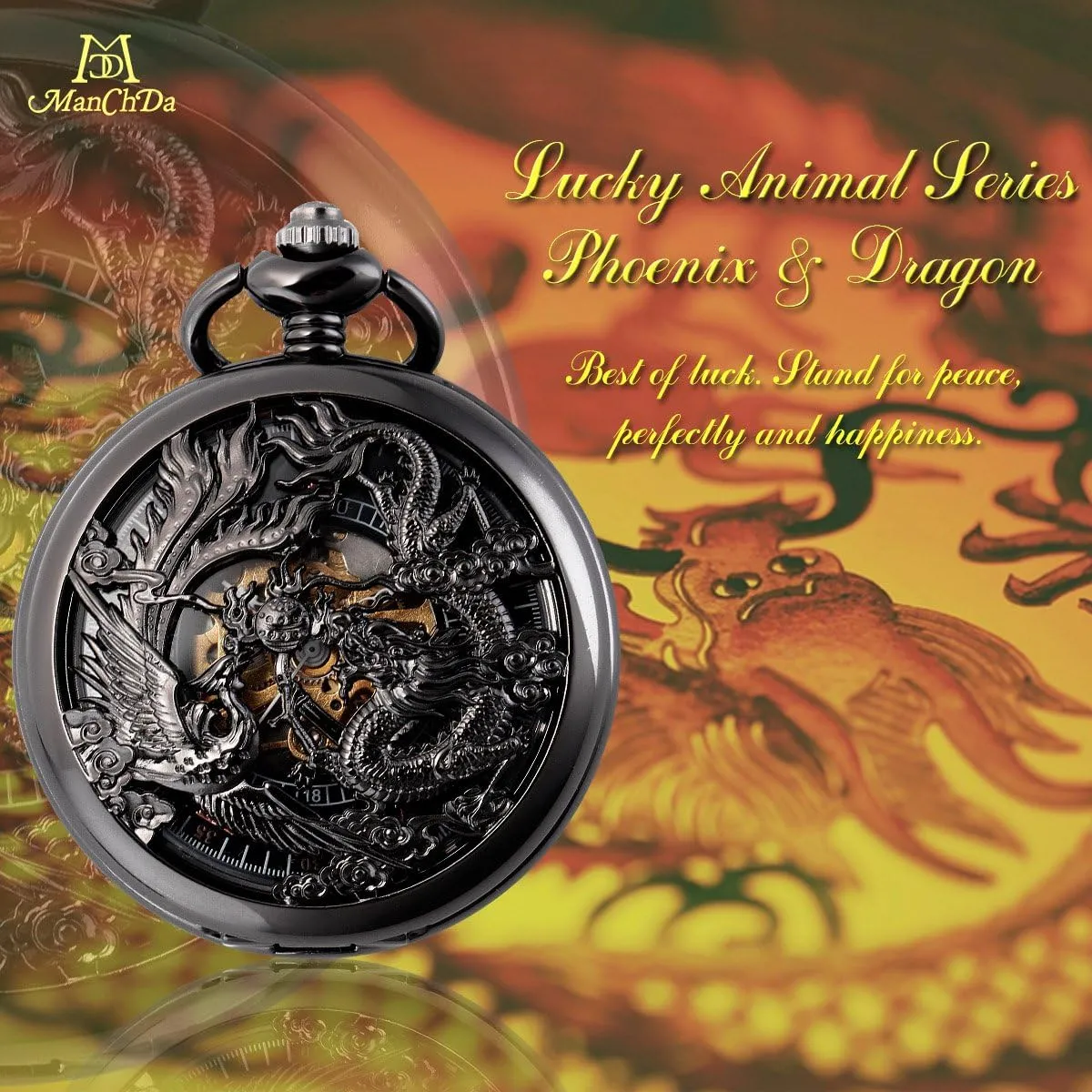 ManChDa Mechanical Pocket Watch for Men Women Dragon and Phoenix Pocket Watch with Chain