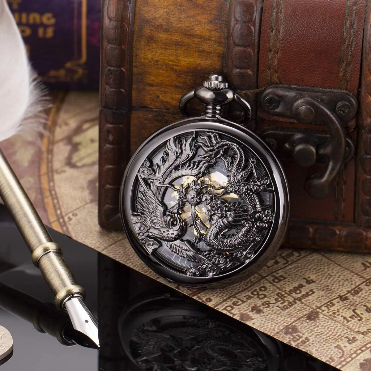 ManChDa Mechanical Pocket Watch for Men Women Dragon and Phoenix Pocket Watch with Chain