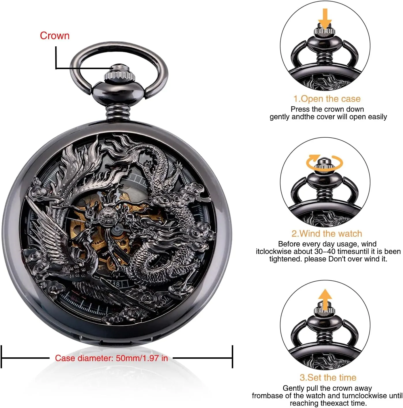 ManChDa Mechanical Pocket Watch for Men Women Dragon and Phoenix Pocket Watch with Chain