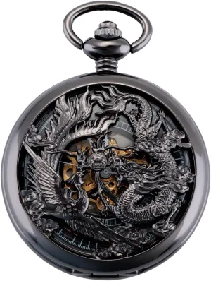 ManChDa Mechanical Pocket Watch for Men Women Dragon and Phoenix Pocket Watch with Chain