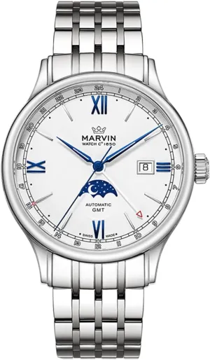 marvin Automatic GMT Men's Watch Swiss Movement Mechanical Luxury Watches for Men with Stainless Steel Strap,Sapphire Glass Dial,Luminous Hands and Hour Markers,50m Waterproof
