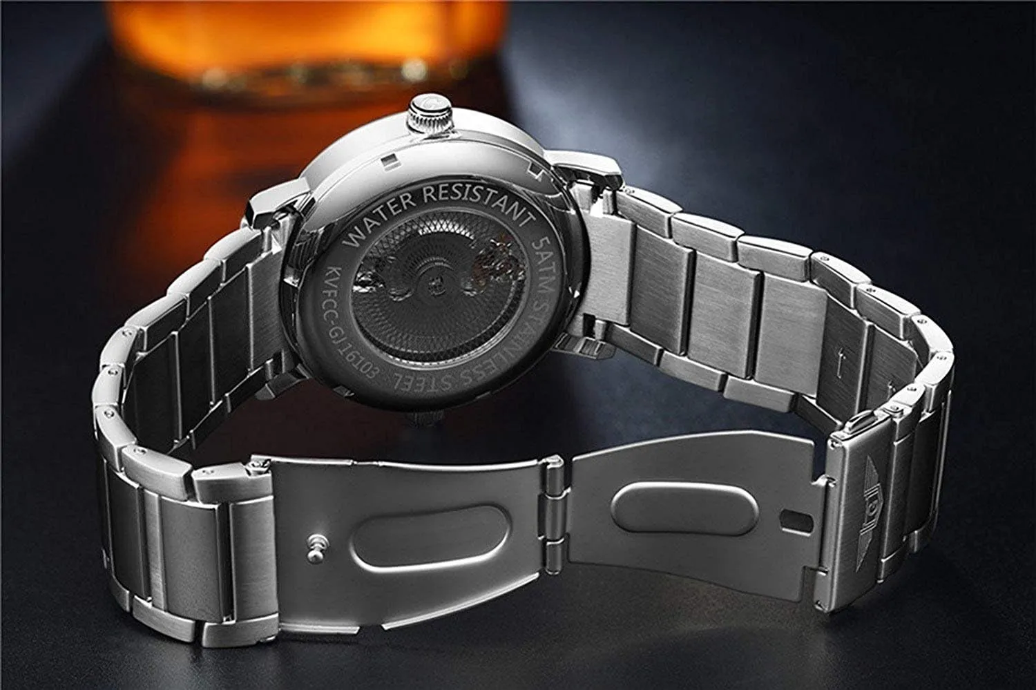 MASTOP Men's Dual Time Zone Unique Design Automatic Mechanical Watch Waterproof Stainless Steel Skeleton Watch