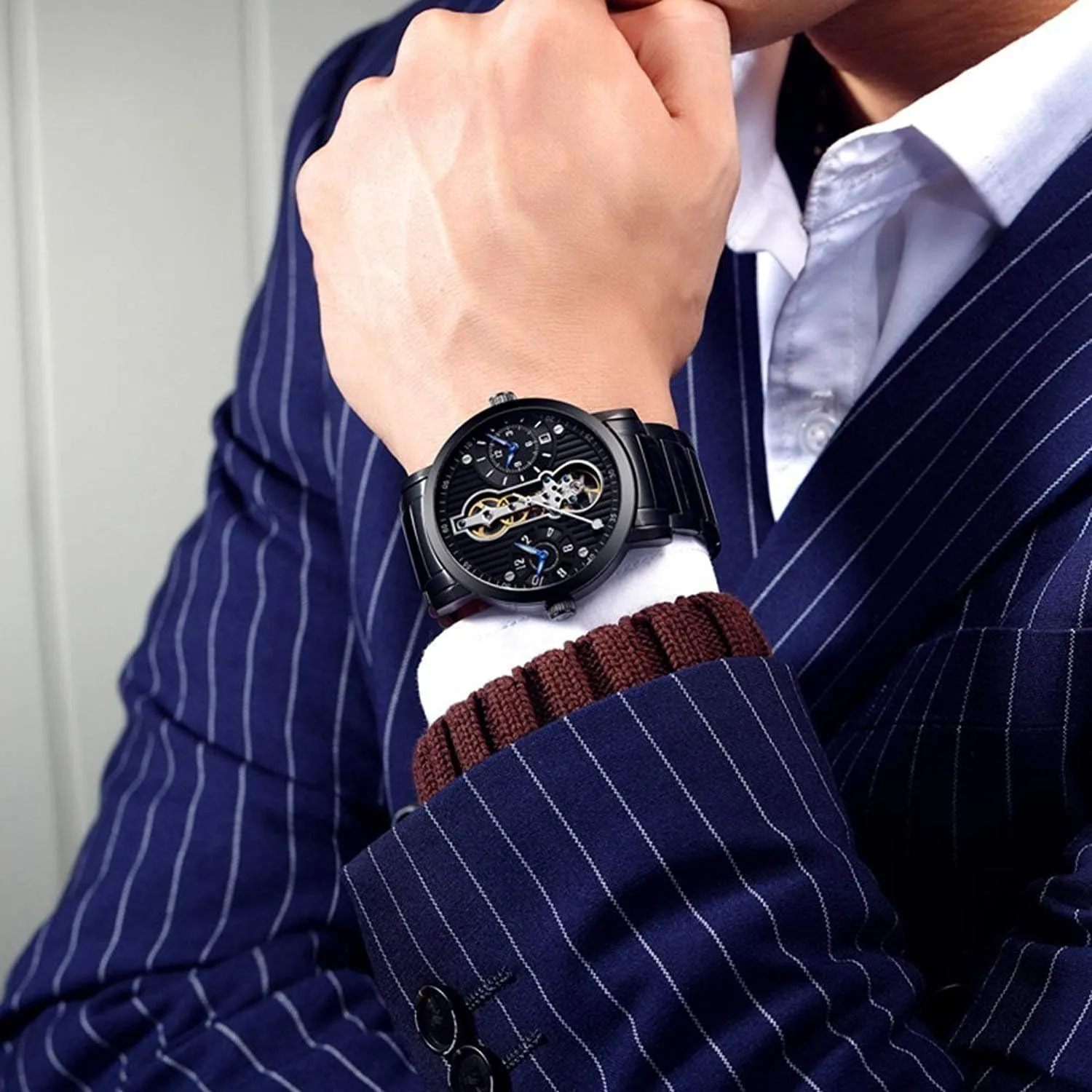 MASTOP Men's Dual Time Zone Unique Design Automatic Mechanical Watch Waterproof Stainless Steel Skeleton Watch