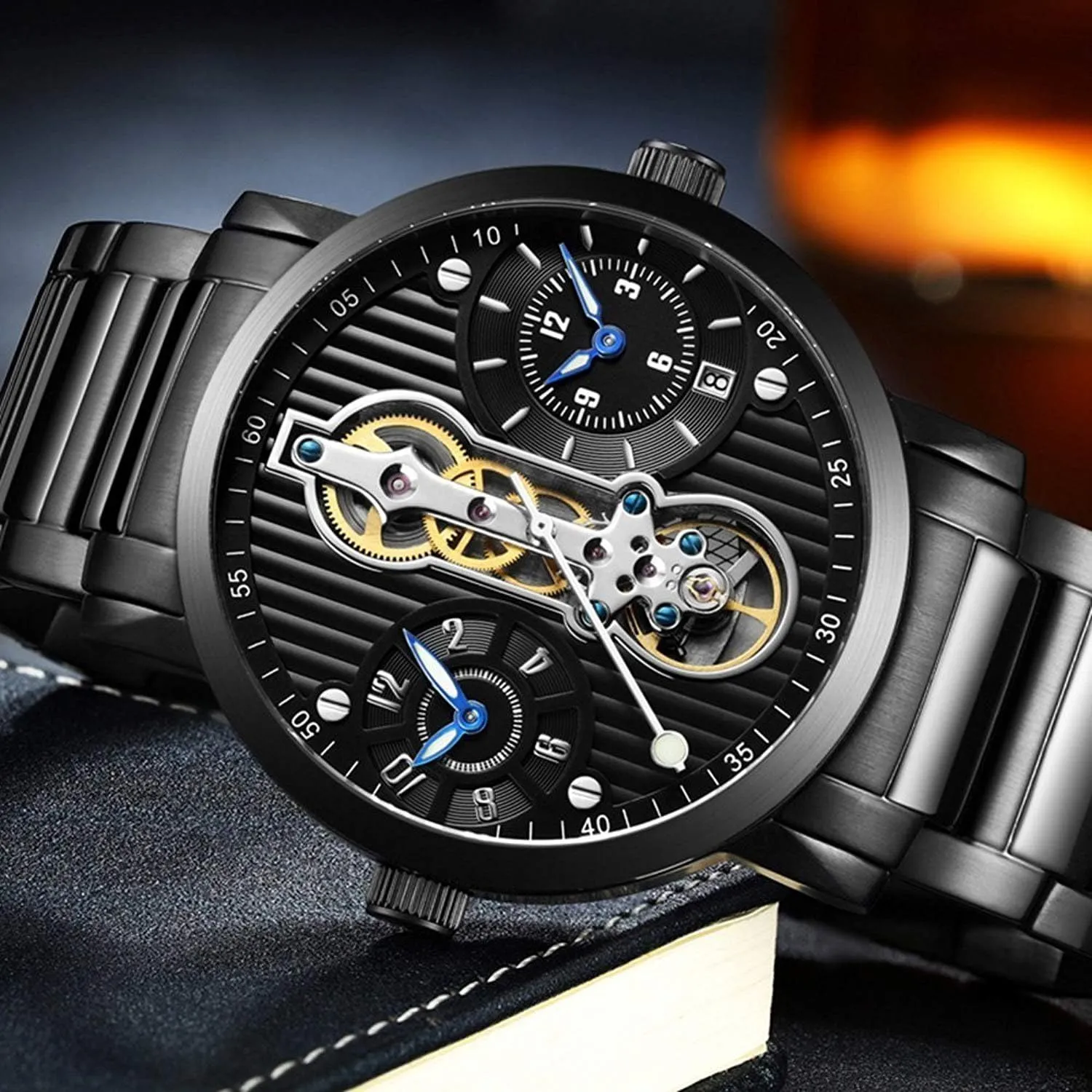 MASTOP Men's Dual Time Zone Unique Design Automatic Mechanical Watch Waterproof Stainless Steel Skeleton Watch