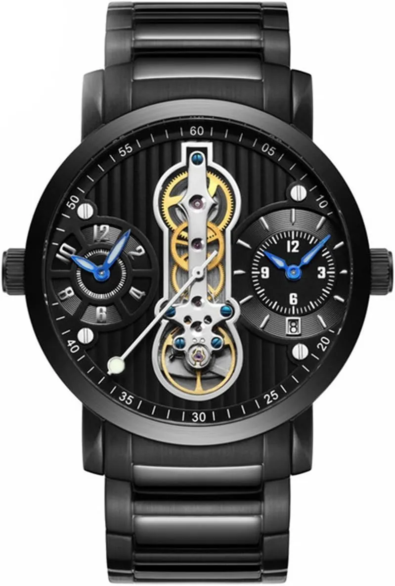 MASTOP Men's Dual Time Zone Unique Design Automatic Mechanical Watch Waterproof Stainless Steel Skeleton Watch