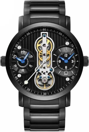 MASTOP Men's Dual Time Zone Unique Design Automatic Mechanical Watch Waterproof Stainless Steel Skeleton Watch