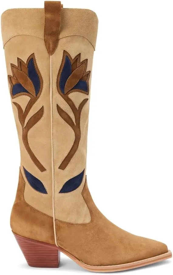 Matisse Womens Cool Hand Floral Inlay Pointed Toe Casual Boots Mid Calf Mid Heel 2-3" - Brown