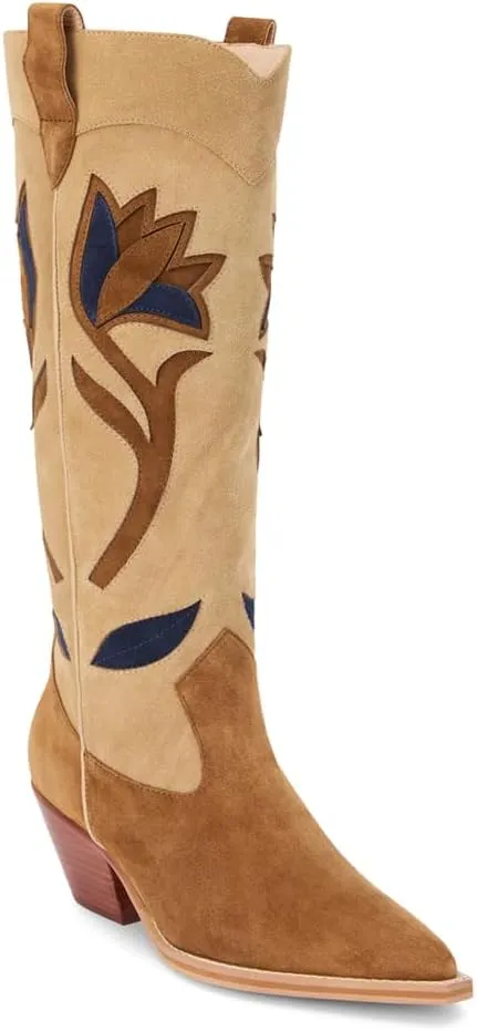 Matisse Womens Cool Hand Floral Inlay Pointed Toe Casual Boots Mid Calf Mid Heel 2-3" - Brown