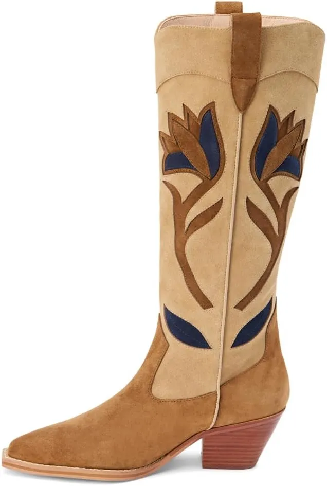 Matisse Womens Cool Hand Floral Inlay Pointed Toe Casual Boots Mid Calf Mid Heel 2-3" - Brown