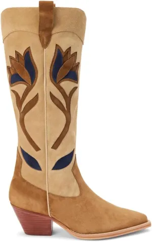 Matisse Womens Cool Hand Floral Inlay Pointed Toe Casual Boots Mid Calf Mid Heel 2-3" - Brown