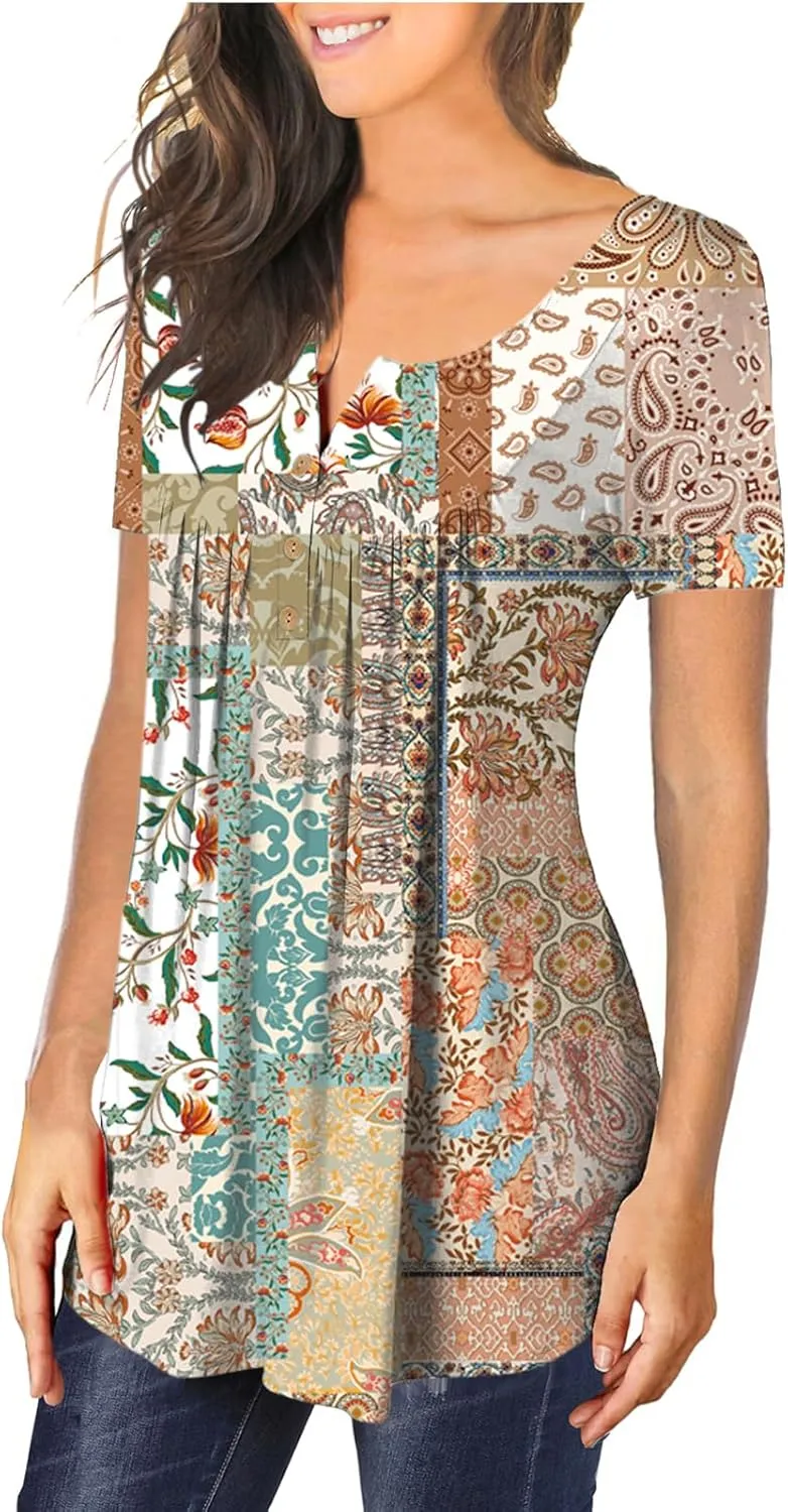 MAYAMANG Women's Floral Tunic Tops Casual Blouse V Neck Short Sleeve Buttons Up T-Shirts