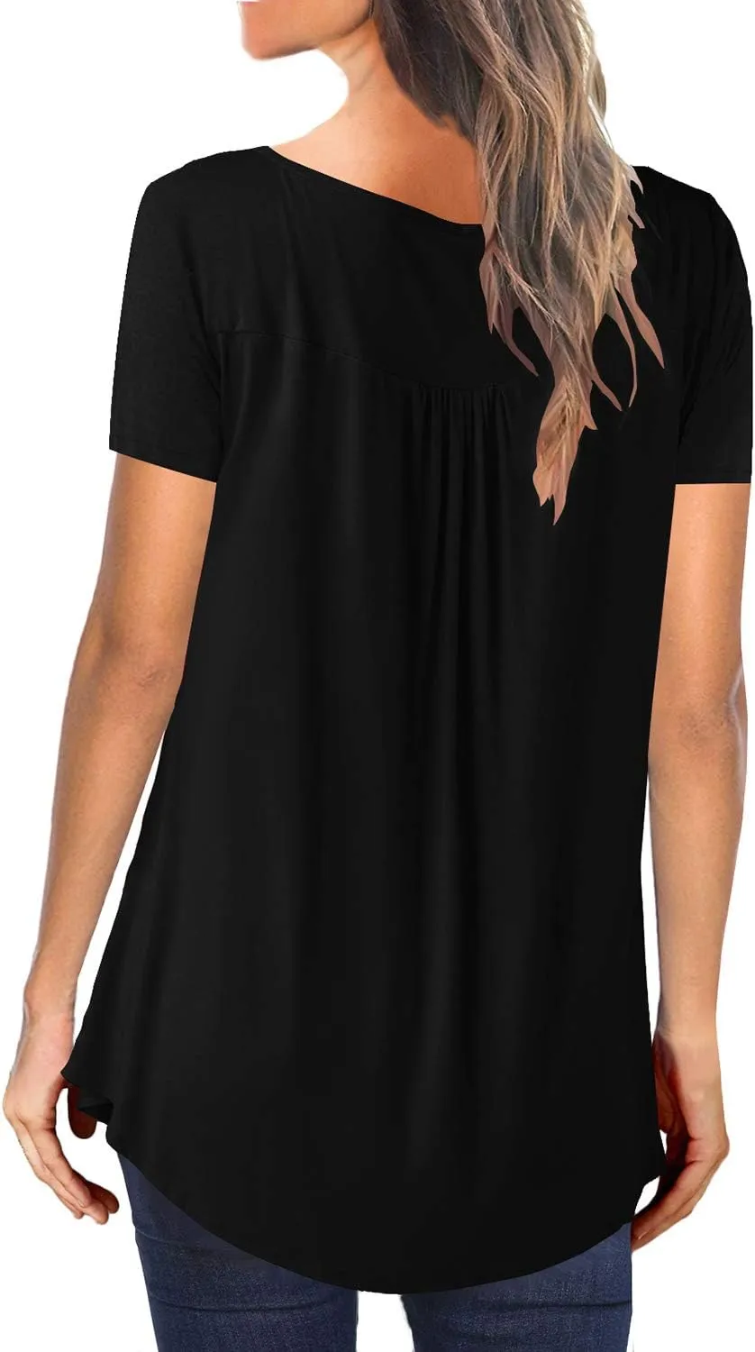 MAYAMANG Women's Floral Tunic Tops Casual Blouse V Neck Short Sleeve Buttons Up T-Shirts