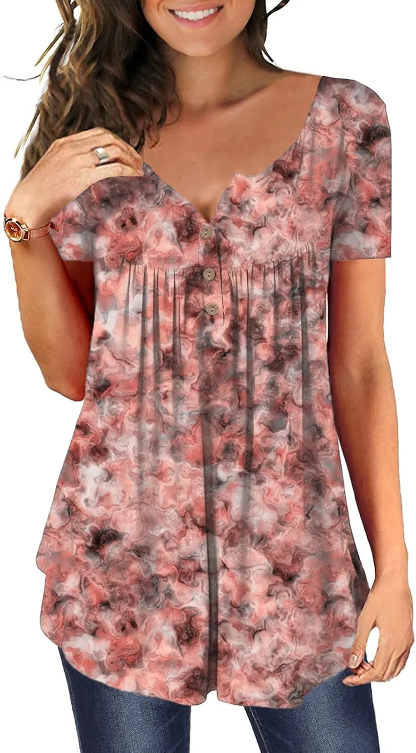 MAYAMANG Women's Floral Tunic Tops Casual Blouse V Neck Short Sleeve Buttons Up T-Shirts