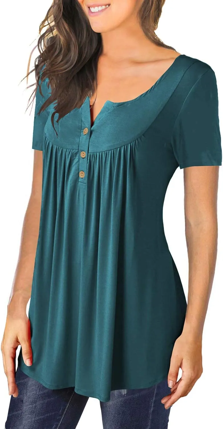 MAYAMANG Women's Floral Tunic Tops Casual Blouse V Neck Short Sleeve Buttons Up T-Shirts