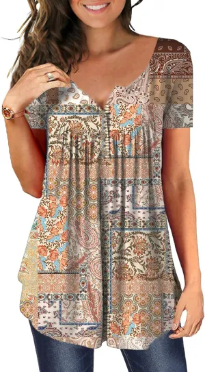 MAYAMANG Women's Floral Tunic Tops Casual Blouse V Neck Short Sleeve Buttons Up T-Shirts