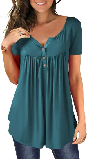 MAYAMANG Women's Floral Tunic Tops Casual Blouse V Neck Short Sleeve Buttons Up T-Shirts