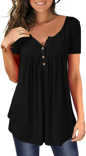 MAYAMANG Women's Floral Tunic Tops Casual Blouse V Neck Short Sleeve Buttons Up T-Shirts