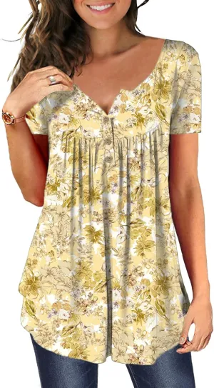MAYAMANG Women's Floral Tunic Tops Casual Blouse V Neck Short Sleeve Buttons Up T-Shirts