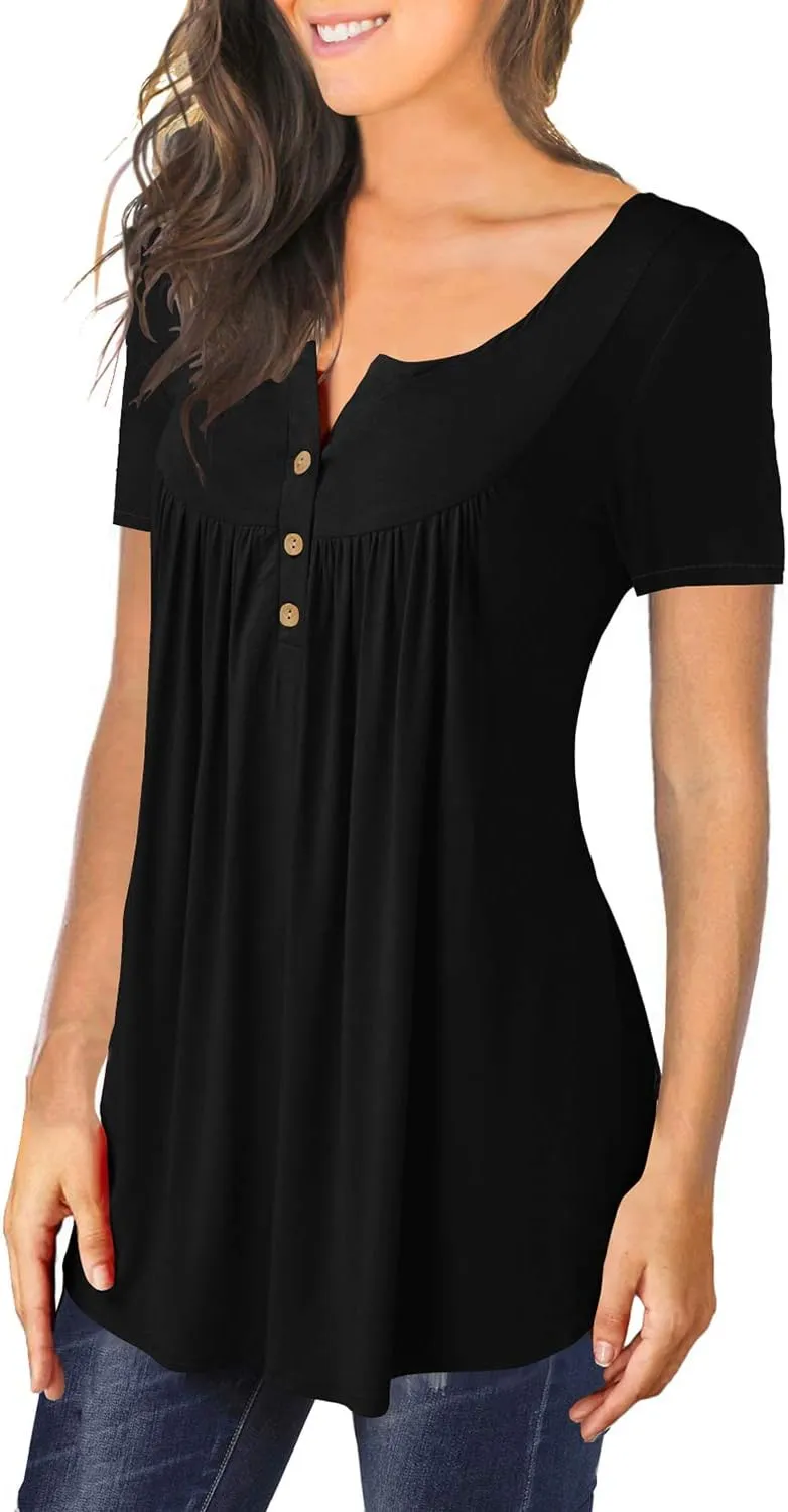 MAYAMANG Women's Floral Tunic Tops Casual Blouse V Neck Short Sleeve Buttons Up T-Shirts