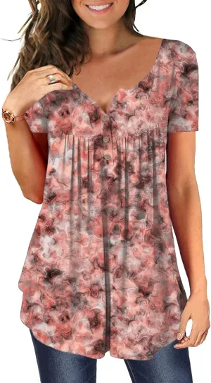 MAYAMANG Women's Floral Tunic Tops Casual Blouse V Neck Short Sleeve Buttons Up T-Shirts
