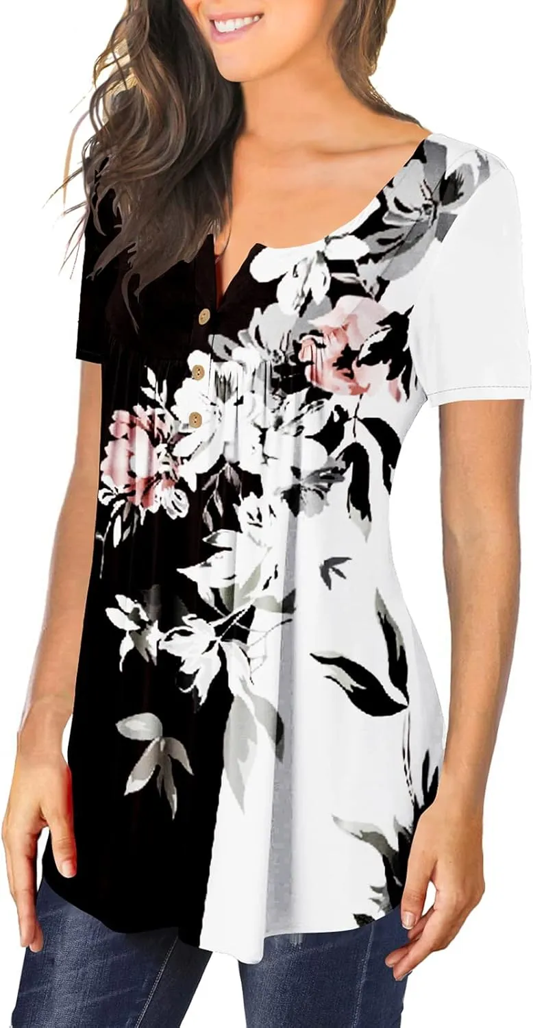 MAYAMANG Women's Floral Tunic Tops Casual Blouse V Neck Short Sleeve Buttons Up T-Shirts