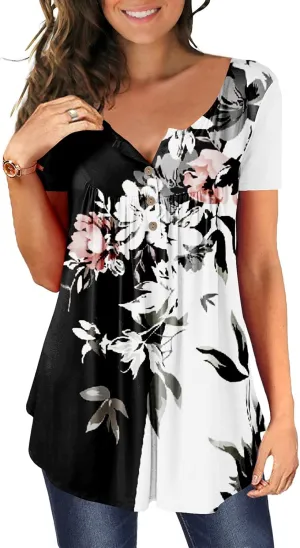 MAYAMANG Women's Floral Tunic Tops Casual Blouse V Neck Short Sleeve Buttons Up T-Shirts