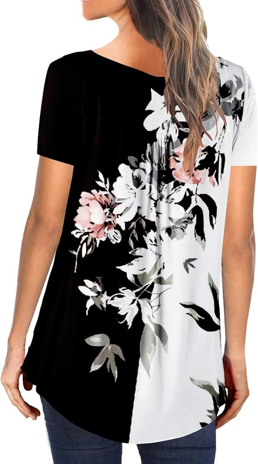 MAYAMANG Women's Floral Tunic Tops Casual Blouse V Neck Short Sleeve Buttons Up T-Shirts