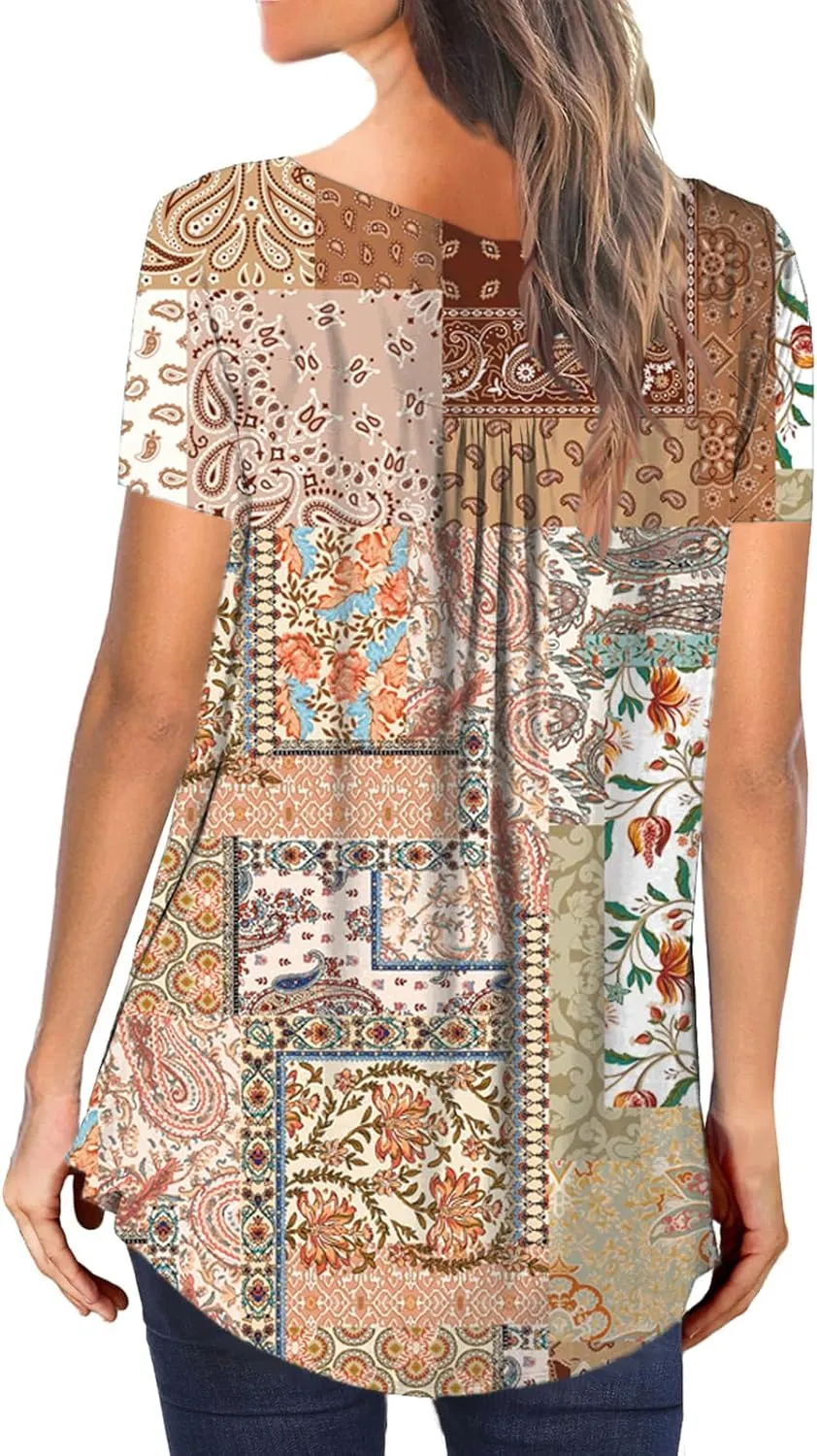 MAYAMANG Women's Floral Tunic Tops Casual Blouse V Neck Short Sleeve Buttons Up T-Shirts