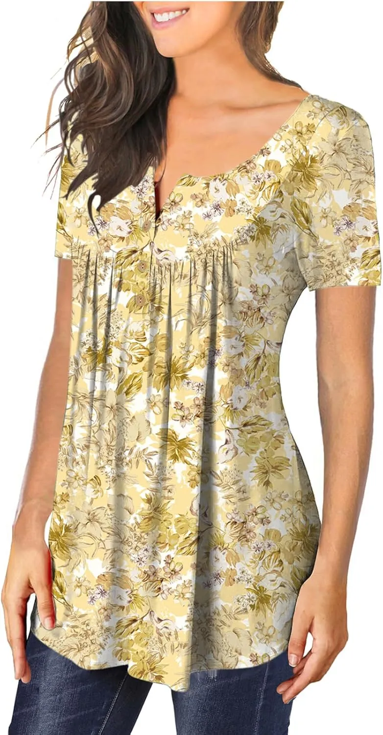 MAYAMANG Women's Floral Tunic Tops Casual Blouse V Neck Short Sleeve Buttons Up T-Shirts