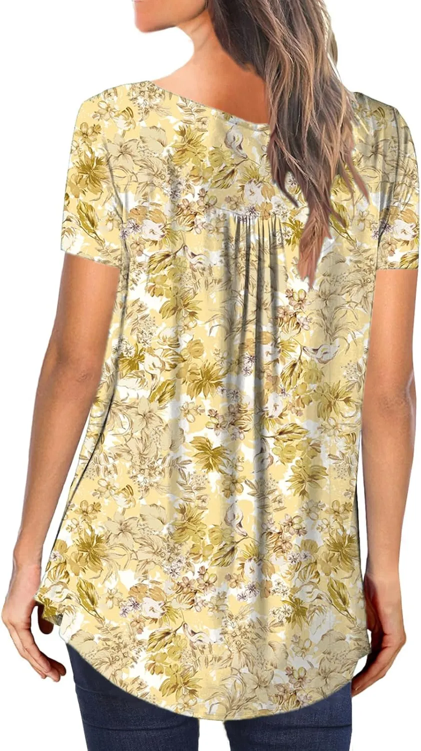 MAYAMANG Women's Floral Tunic Tops Casual Blouse V Neck Short Sleeve Buttons Up T-Shirts