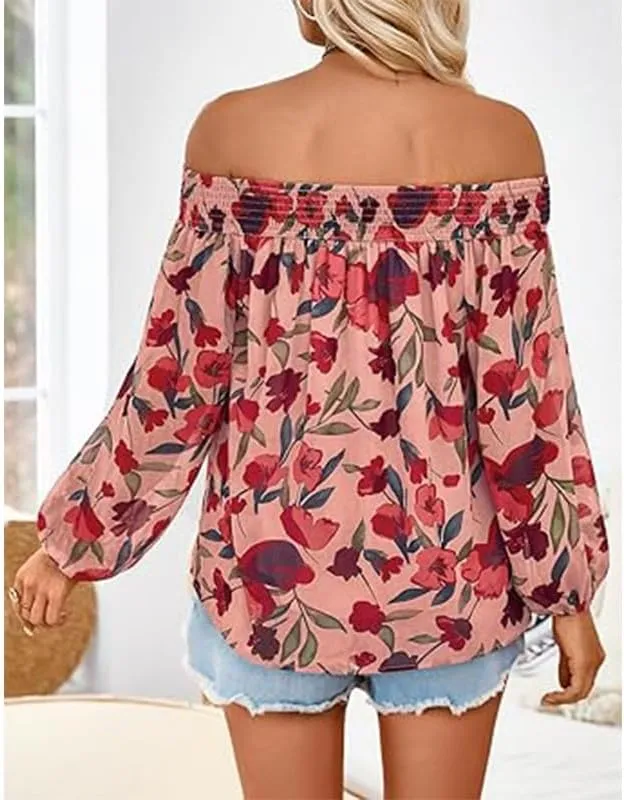 Melliflo Women's Off-Shoulder Ruffle Print Tops Puff Long Sleeve Summer Casual Loose Fit Chiffon Shirts Blouse