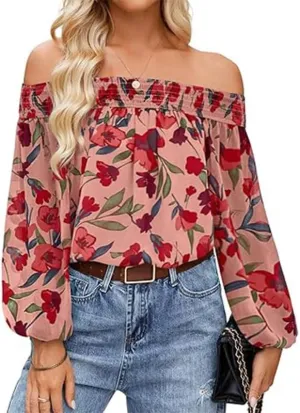Melliflo Women's Off-Shoulder Ruffle Print Tops Puff Long Sleeve Summer Casual Loose Fit Chiffon Shirts Blouse