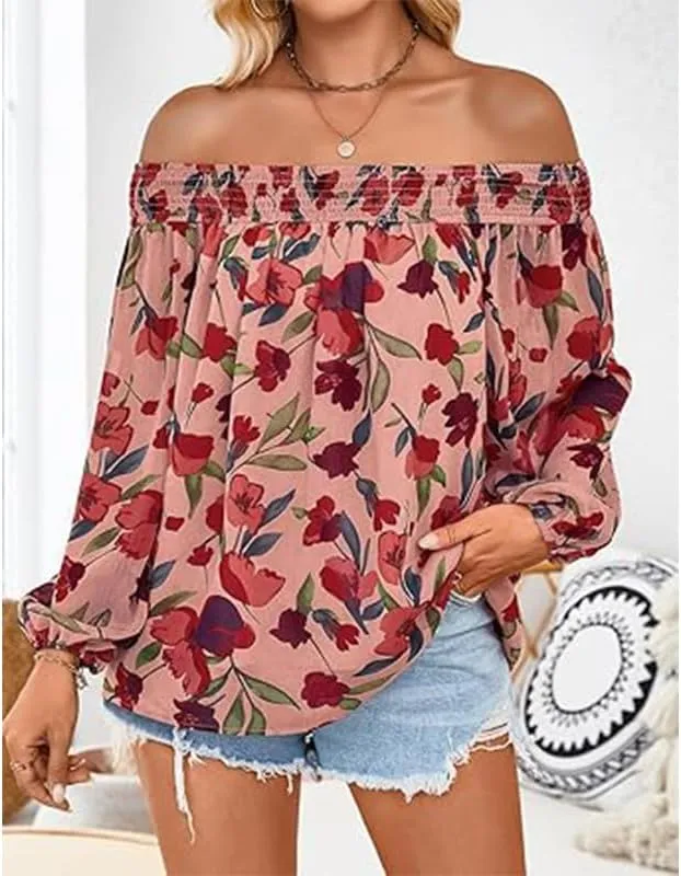 Melliflo Women's Off-Shoulder Ruffle Print Tops Puff Long Sleeve Summer Casual Loose Fit Chiffon Shirts Blouse