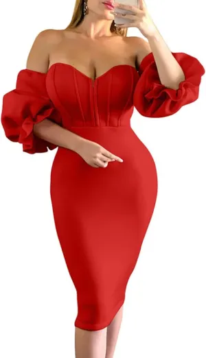 Memoriesea Women's Sexy Off Shoulder Bodycon Lantern Sleeve Front Hook Midi Party Dress