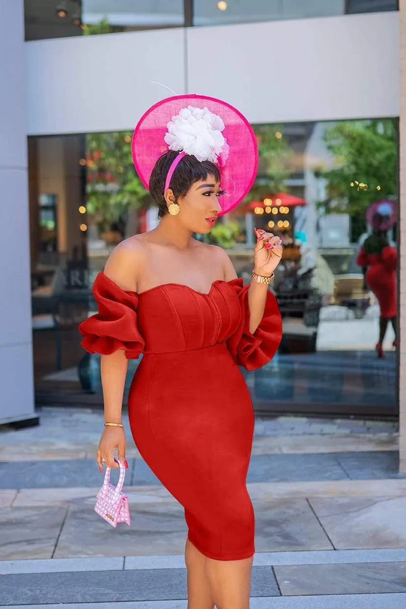 Memoriesea Women's Sexy Off Shoulder Bodycon Lantern Sleeve Front Hook Midi Party Dress
