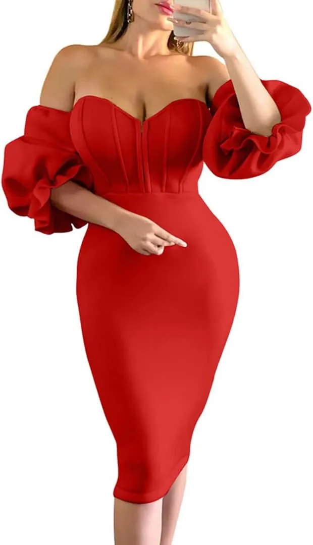 Memoriesea Women's Sexy Off Shoulder Bodycon Lantern Sleeve Front Hook Midi Party Dress
