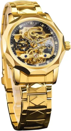 Men Mechanical Watch Tourbillon Automatic Self-Winding Wristwatch Stainless Steel Strap Diamond Big Dial Business Luxury Watch for Mens,Gold