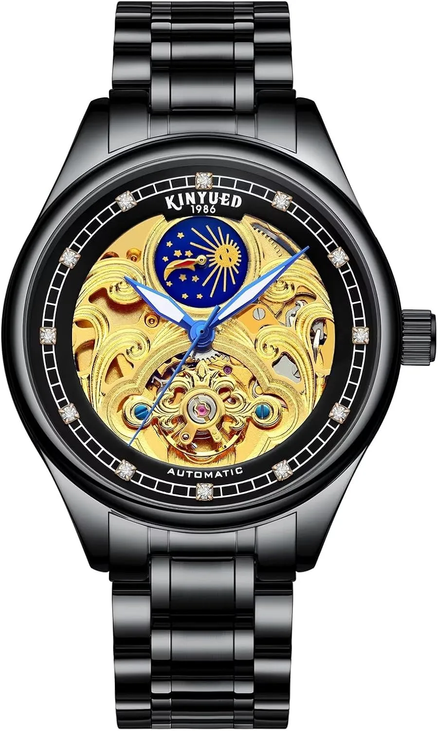Men Tourbillon Automatic Mechanical Watch Waterproof Stainless Steel Sport Watch Luxury Hollow Out Moon Phase Business Watch