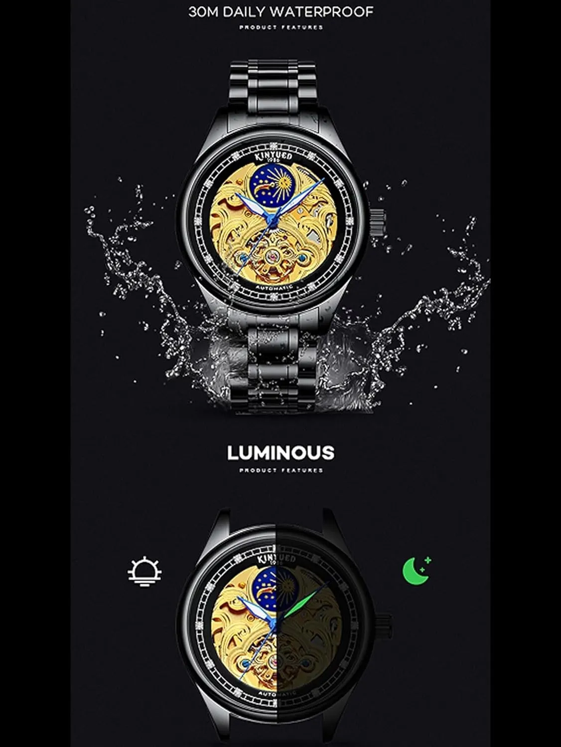 Men Tourbillon Automatic Mechanical Watch Waterproof Stainless Steel Sport Watch Luxury Hollow Out Moon Phase Business Watch