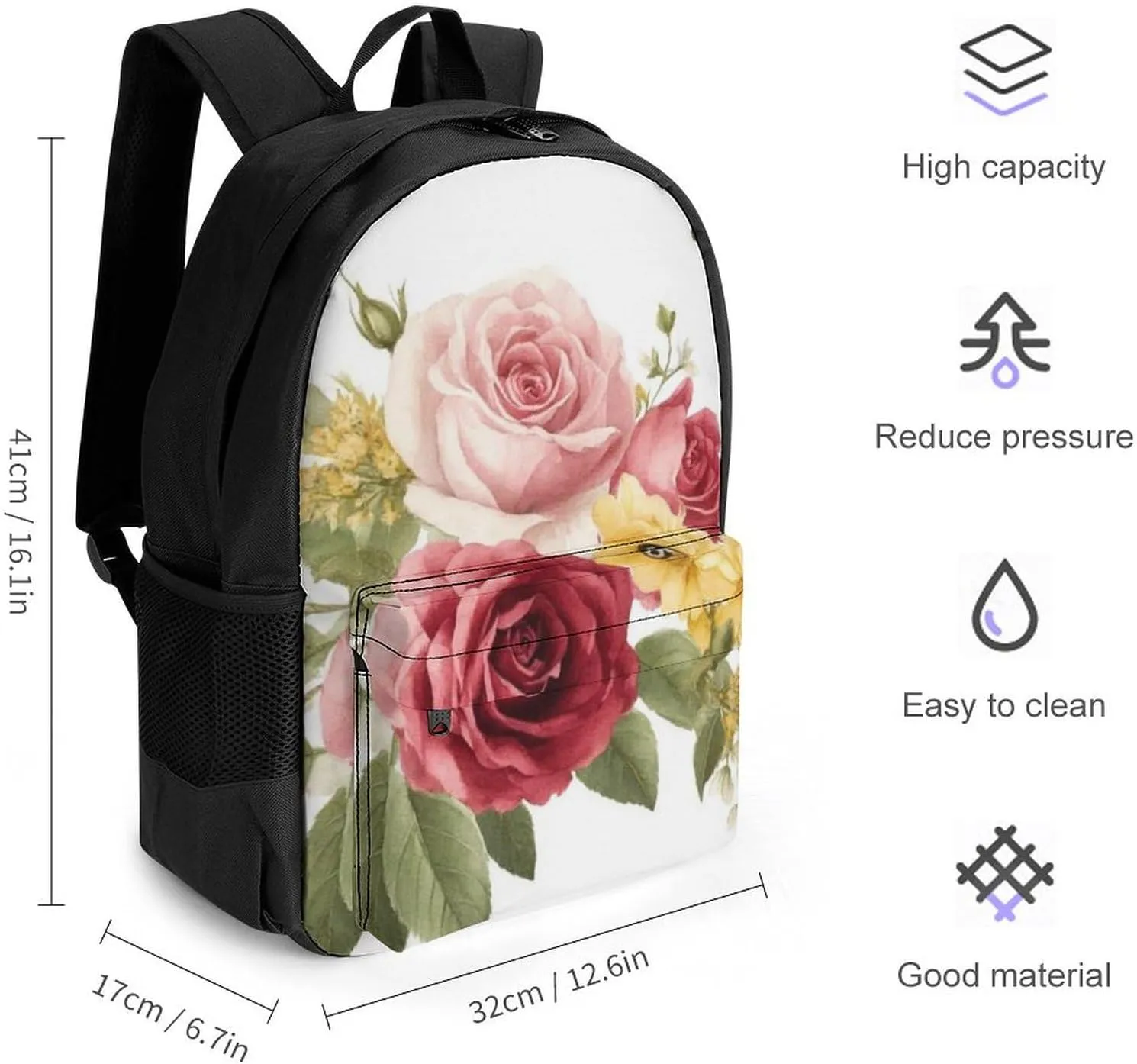 Men Women Lightweight Flower Shabby Chic Roses Buds Leaves Tulips Floral Butterfly Backpack Large Capacity Carry On Bag With Padded Straps for Sports Work Walking Cycling
