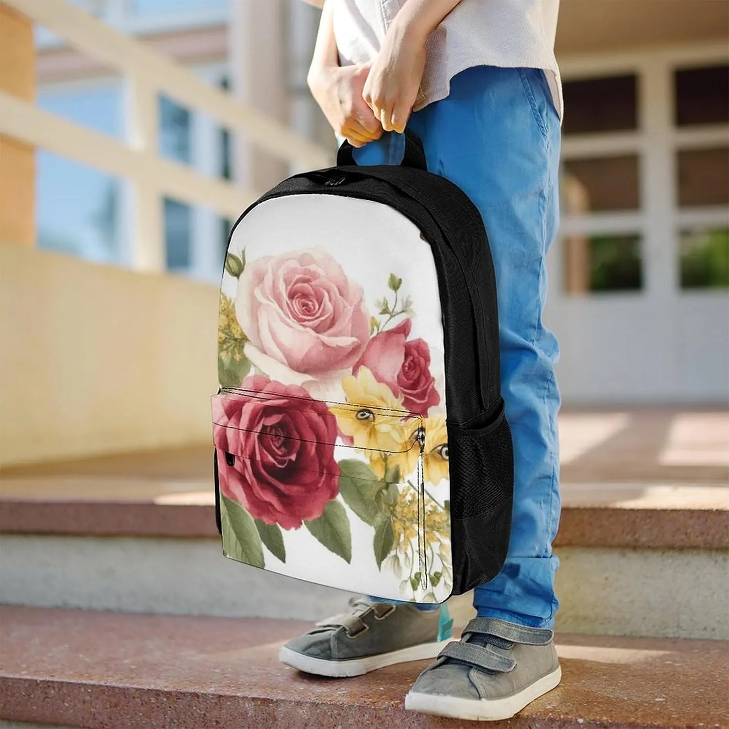Men Women Lightweight Flower Shabby Chic Roses Buds Leaves Tulips Floral Butterfly Backpack Large Capacity Carry On Bag With Padded Straps for Sports Work Walking Cycling