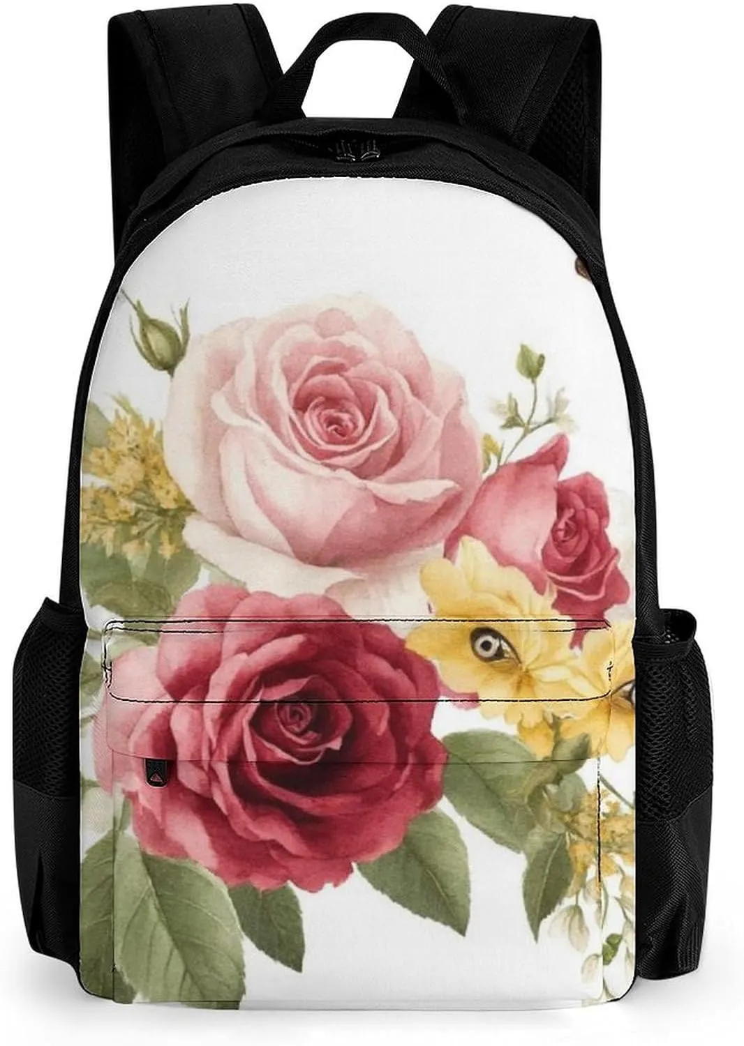 Men Women Lightweight Flower Shabby Chic Roses Buds Leaves Tulips Floral Butterfly Backpack Large Capacity Carry On Bag With Padded Straps for Sports Work Walking Cycling